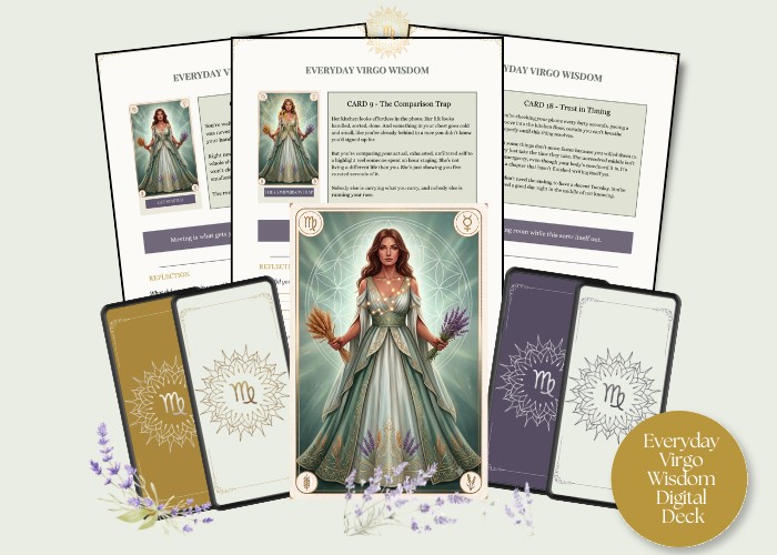 Everyday Virgo Wisdom cards shown on phone screens alongside their matching journal pages