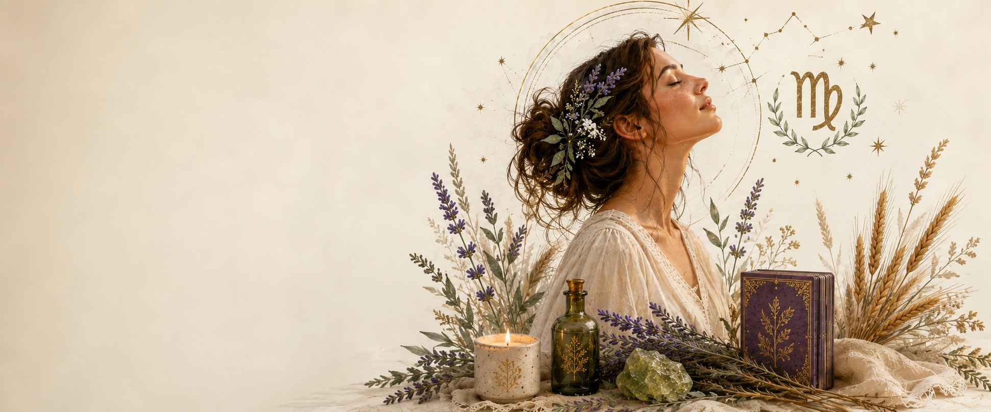 A Virgo woman with her eyes closed and face turned toward the light, surrounded by wheat, lavender, a lit candle, an old book, and a rough peridot stone, with a gold constellation and the Virgo glyph arcing above her.