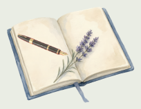 An open journal with a pen and a sprig of lavender resting across the pages.