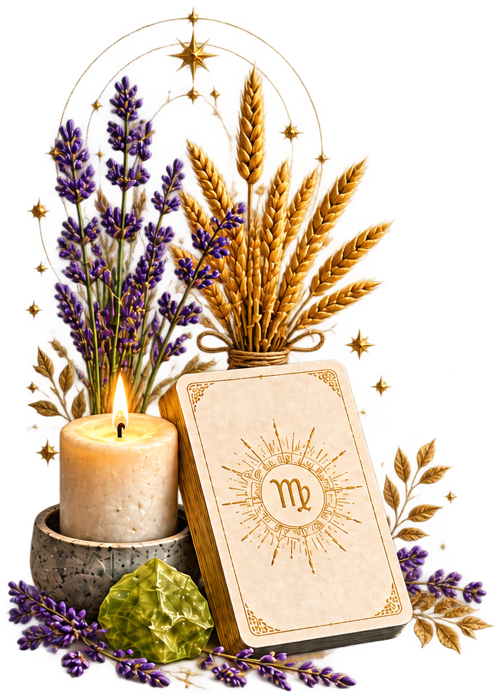 A lit candle, lavender, wheat, a peridot stone, and a Virgo tarot card.